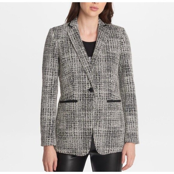Karl Lagerfeld Paris Women Sz 14 Tweed Faux Leather Trim One-Button Blazer Black - Picture 1 of 16